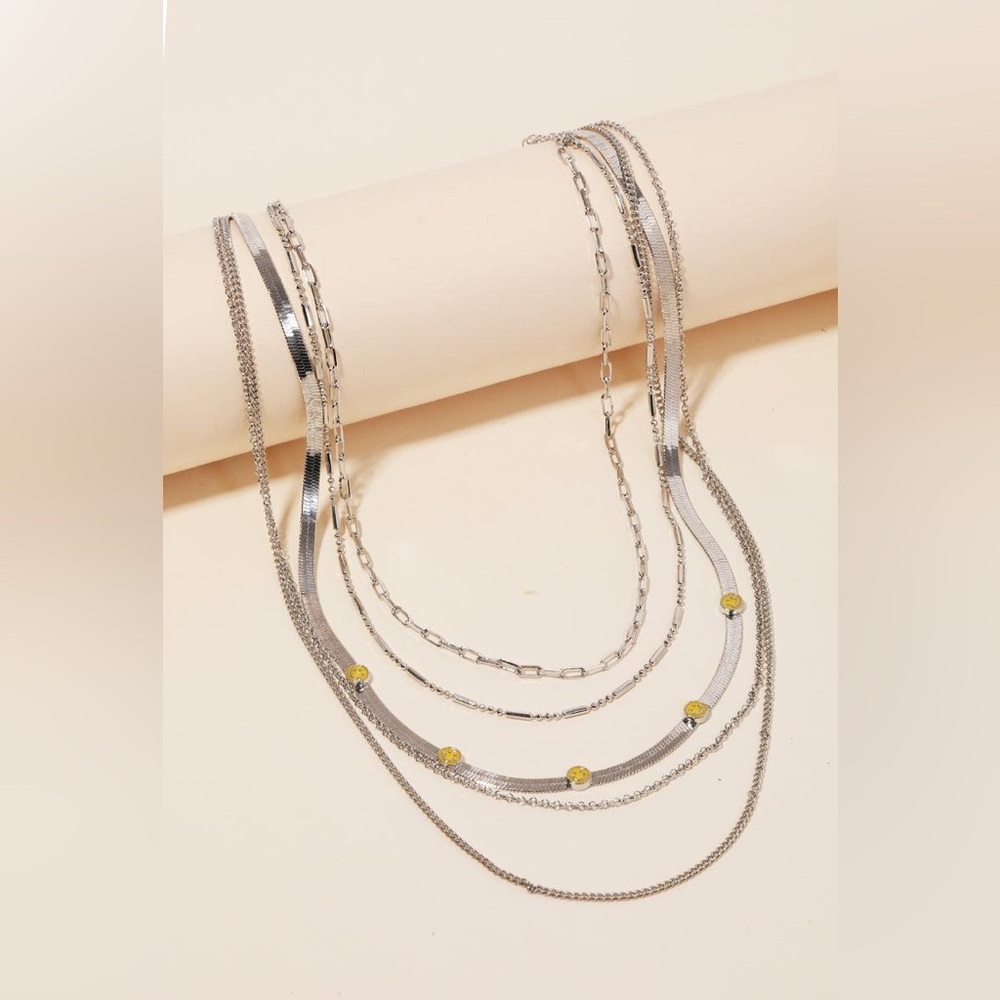 Multi Chain Layered Smiley Pendant Necklace